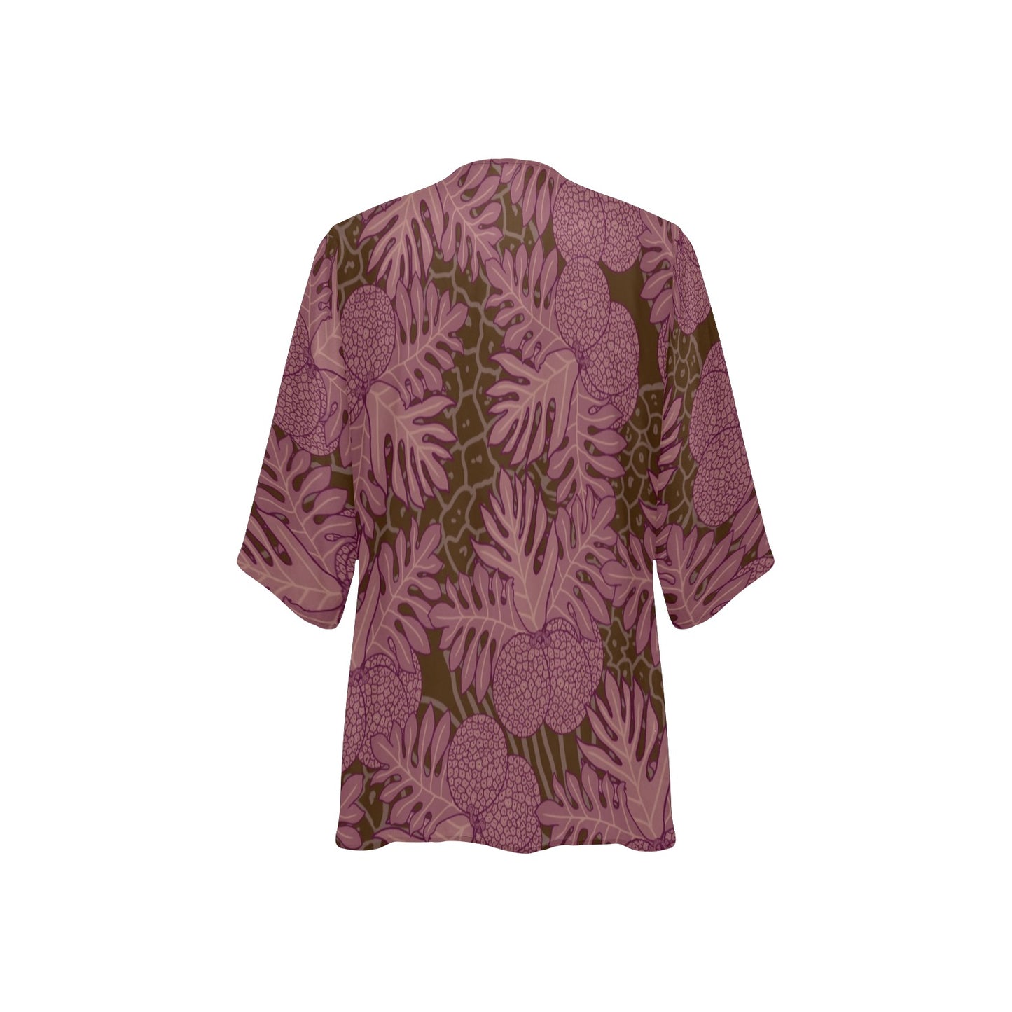 Ulu Breadfruit Hawaiian Print Kimono Chiffon Cover Up - Pink, Brown & Red