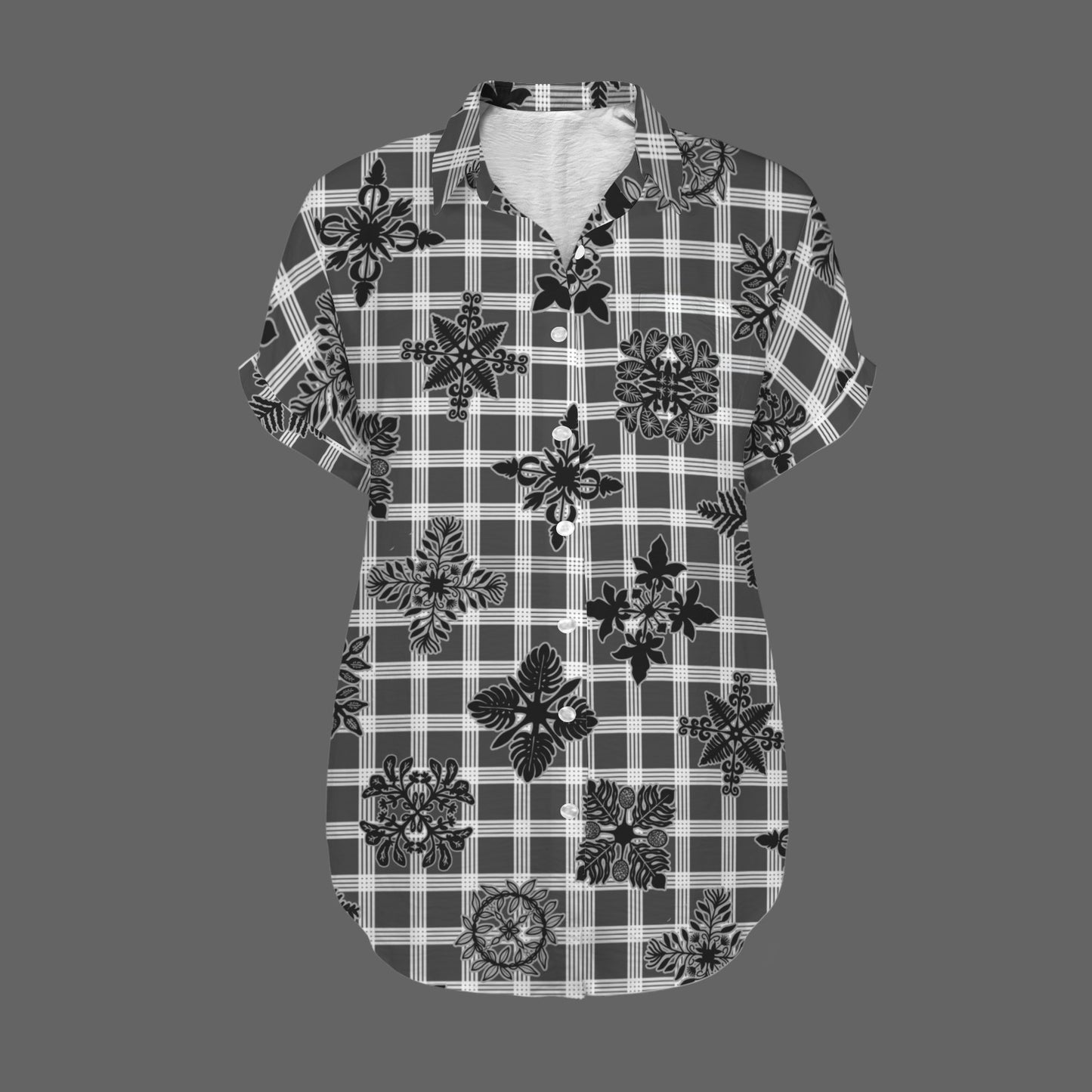 Palaka Kapa Kuiki Harmony Blouse - Dark Gray and White