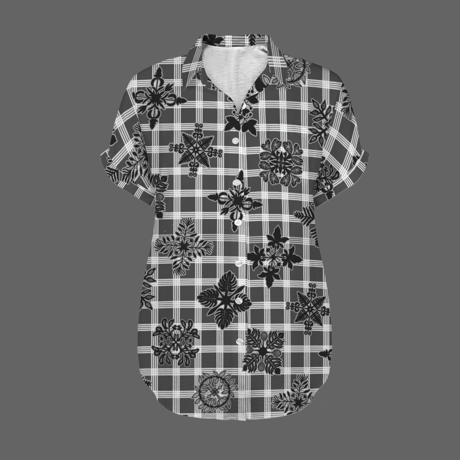 Palaka Kapa Kuiki Harmony Blouse - Dark Gray and White