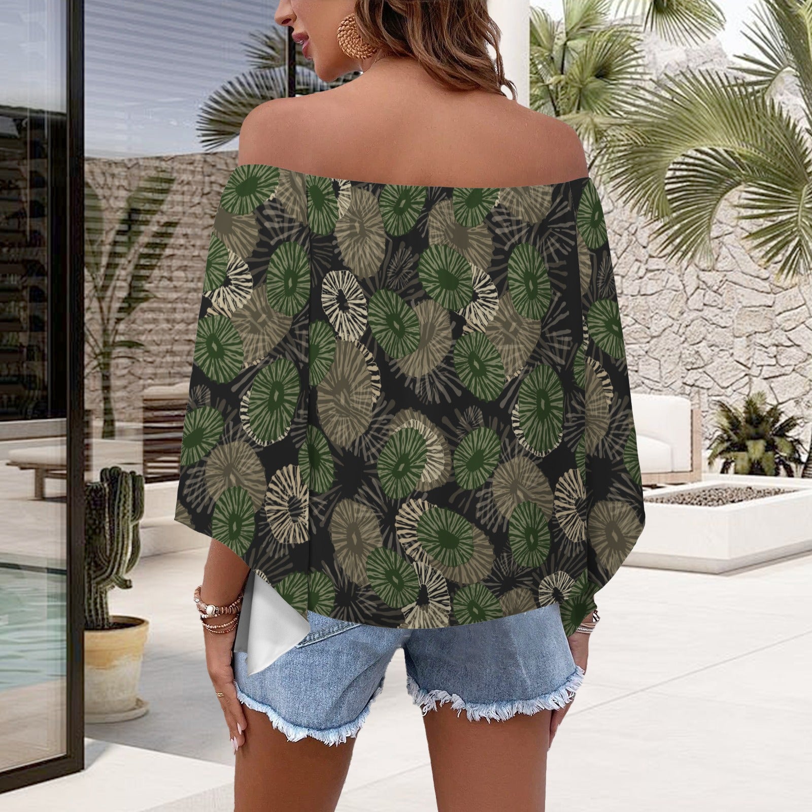 Kolonahe 'Opihi Hawaiian Print Off Shoulder Trumpet Sleeve Blouse - Camouflage