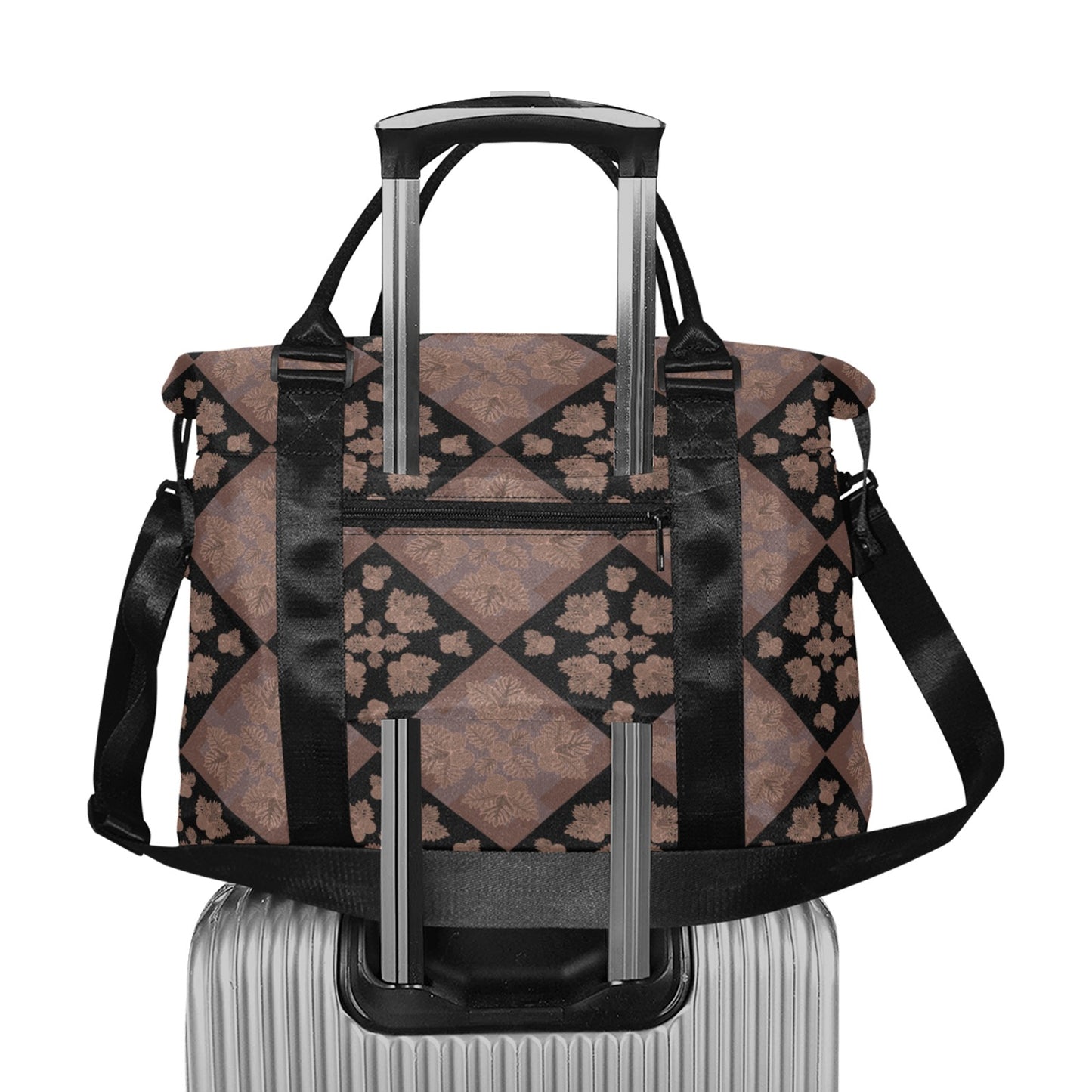 Ulu Quilt Duffle Bag with Trolley Sleeve - The Huaka'i Weekender Duffle (Mocha and black)