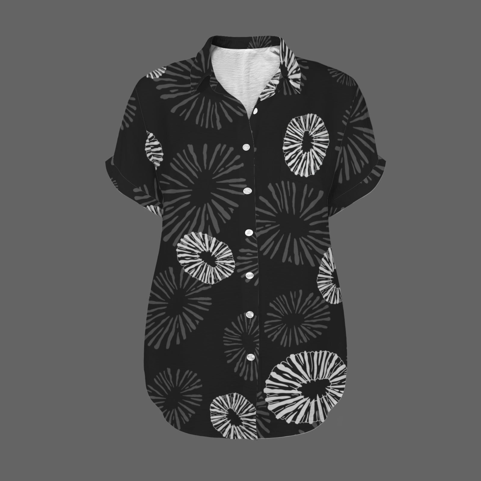 'Opihi Hawaiian Print Harmony Blouse, Women's Short Sleeve Button Down Shirt -  Black and Gray
