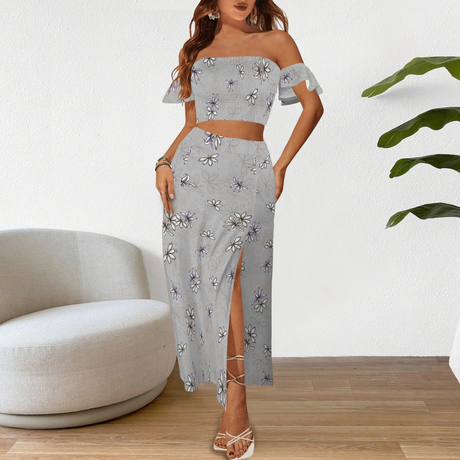 Malino Set in Naupaka (Off Shoulder Smocked Tube Top & High Waist Split Thigh Maxi Skirt) Gray