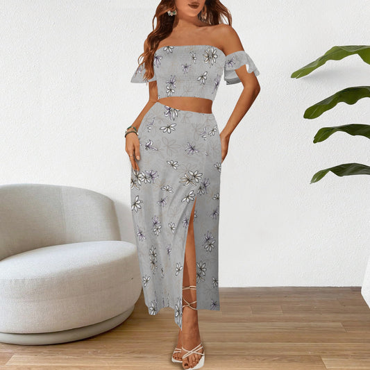 Malino Set in Naupaka (Off Shoulder Smocked Tube Top & High Waist Split Thigh Maxi Skirt) Gray