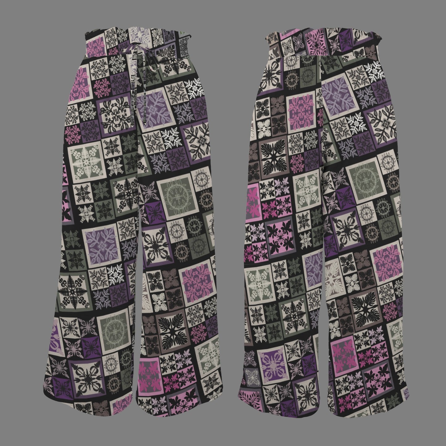 Kapa Kuiki Hawaiian Quilt Print - Makamae Elastic Waist Wide Leg Pants - Purple, Green, Pink