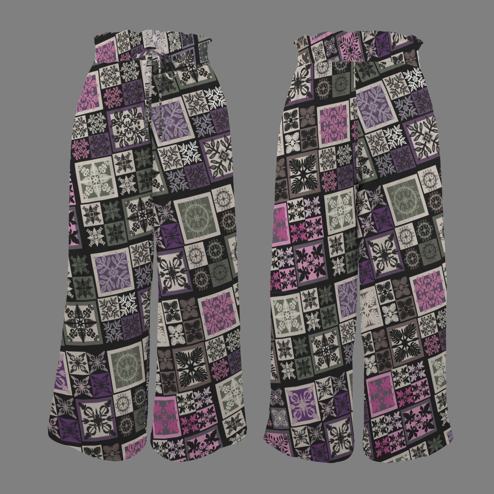 Kapa Kuiki Hawaiian Quilt Print - Makamae Elastic Waist Wide Leg Pants - Purple, Green, Pink