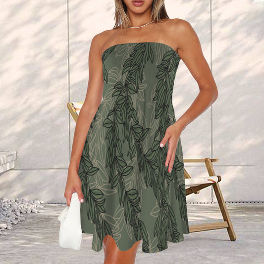 Hauʻoli Strapless Tube Dress - Maile lei - sage and khaki