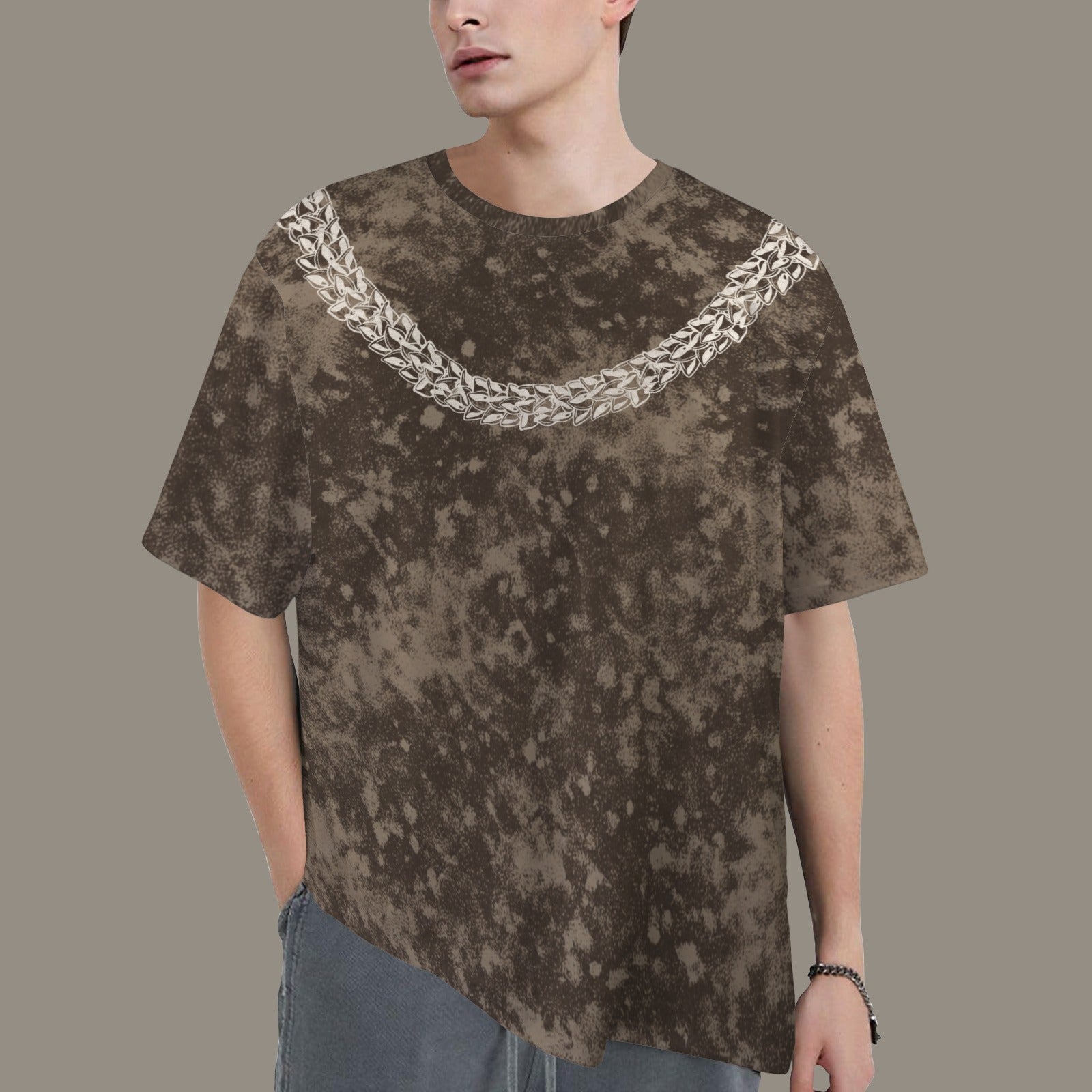 Oversized Vintage Wash Graphic T-shirt| Hawaiian Lei Tee, Smokey Chocolate Brown - Ni'ihau Shell Lei