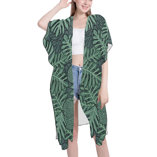 Ulu Breadfruit Hawaiian Print Mid Length Kimono Chiffon Cover Up - Teal