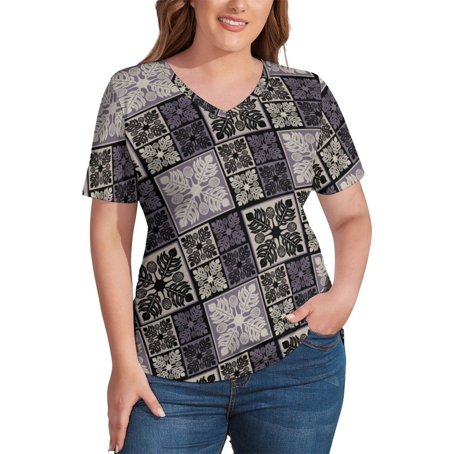 Kapa Kuiki Hawaiian Quilt Print, Keahi V-Neck Short-Sleeve Shirt - Purple