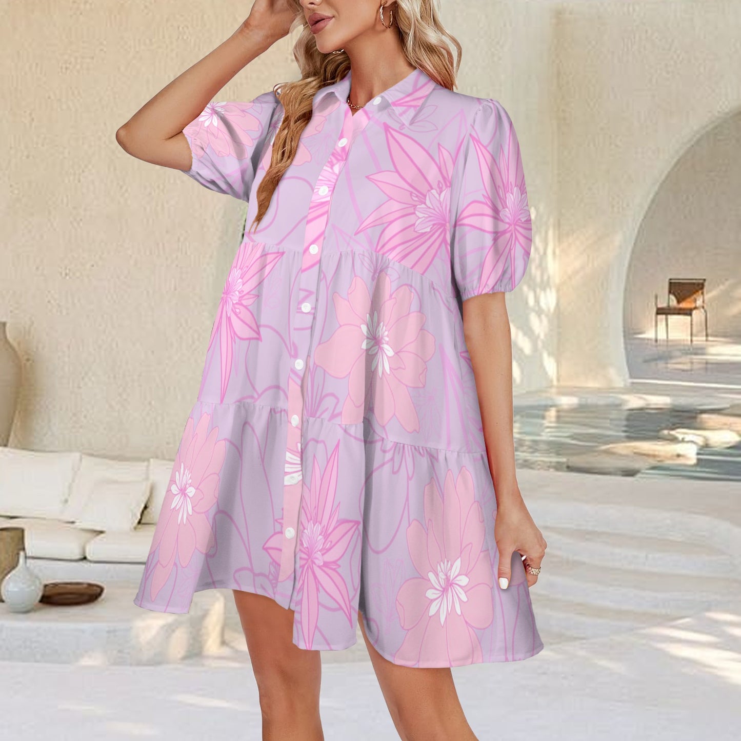 Puʻuwai Naupaka Button down Puff sleeve dress in Lavender and Pink