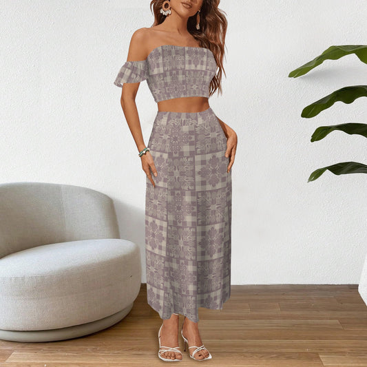 Malino Set in Ulu Kapa Kuiki (Off Shoulder Smocked Tube Top & High Waist Split Thigh Maxi Skirt) Lavender & Taupe