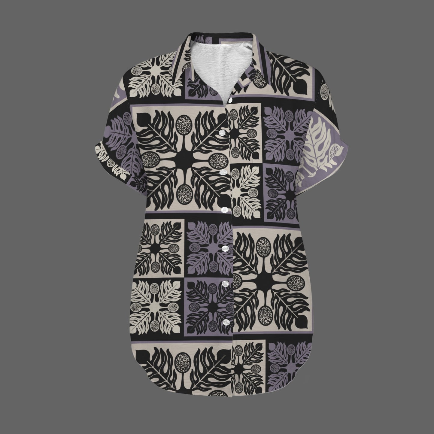Ulu Kapa Kuiki Block Print Harmony Blouse - Women's Short Sleeve Button Down Shirt - Dusty Purple