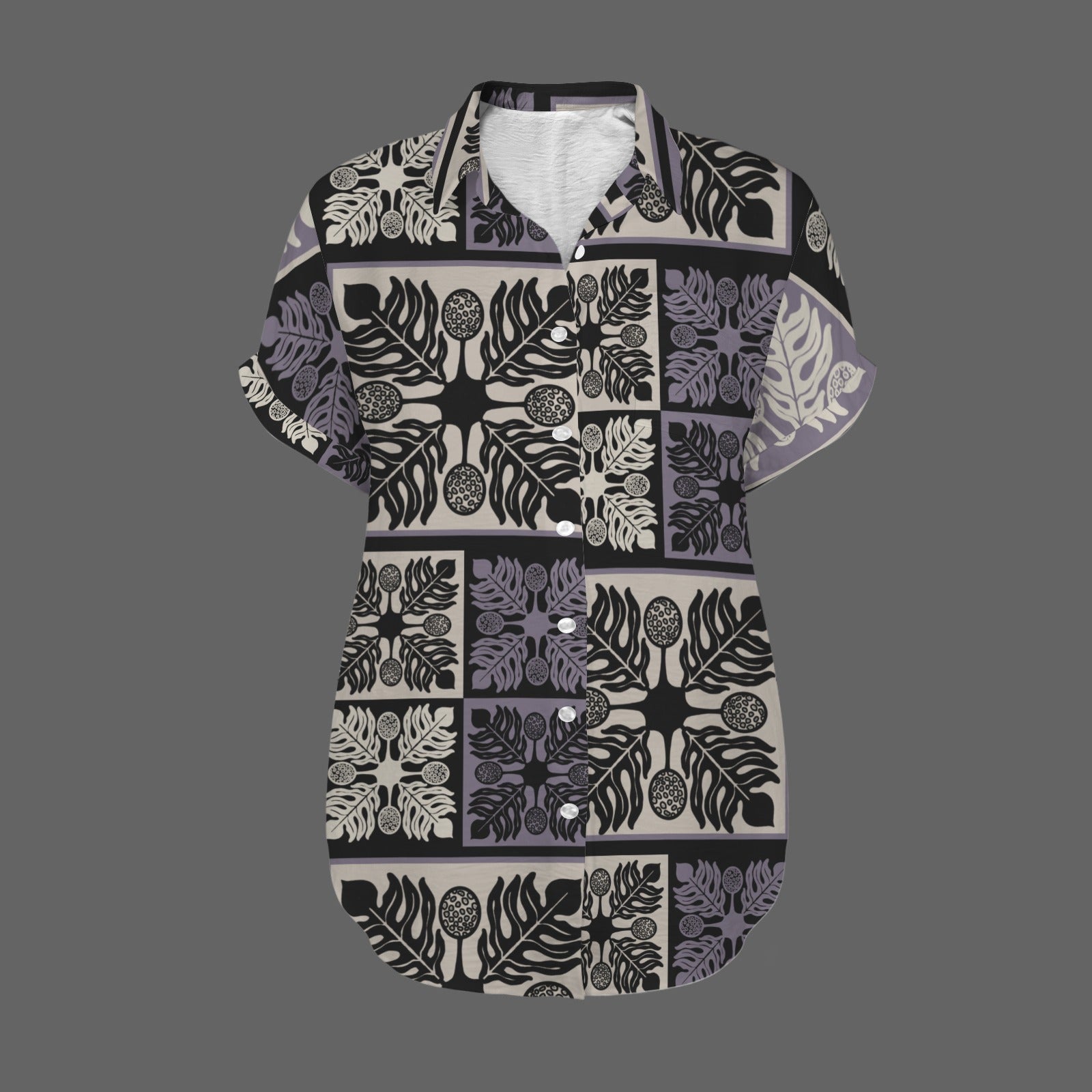 Ulu Kapa Kuiki Block Print Harmony Blouse - Women's Short Sleeve Button Down Shirt - Dusty Purple