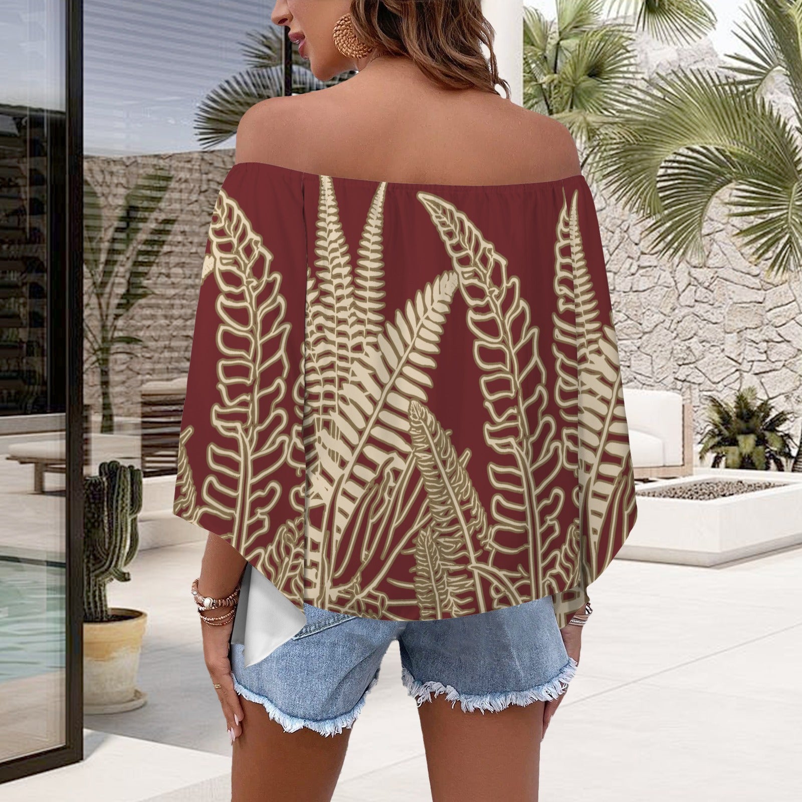 Hawaiian Fern Leaf Red & Cream Off Shoulder Trumpet Sleeve Blouse