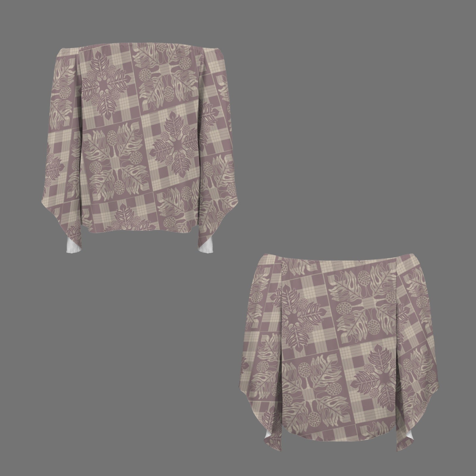 Kolonahe Kapa Kuiki and Palaka Ulu Hawaiian Print Off  Shoulder Trumpet Sleeve Blouse - Lavender and Cream