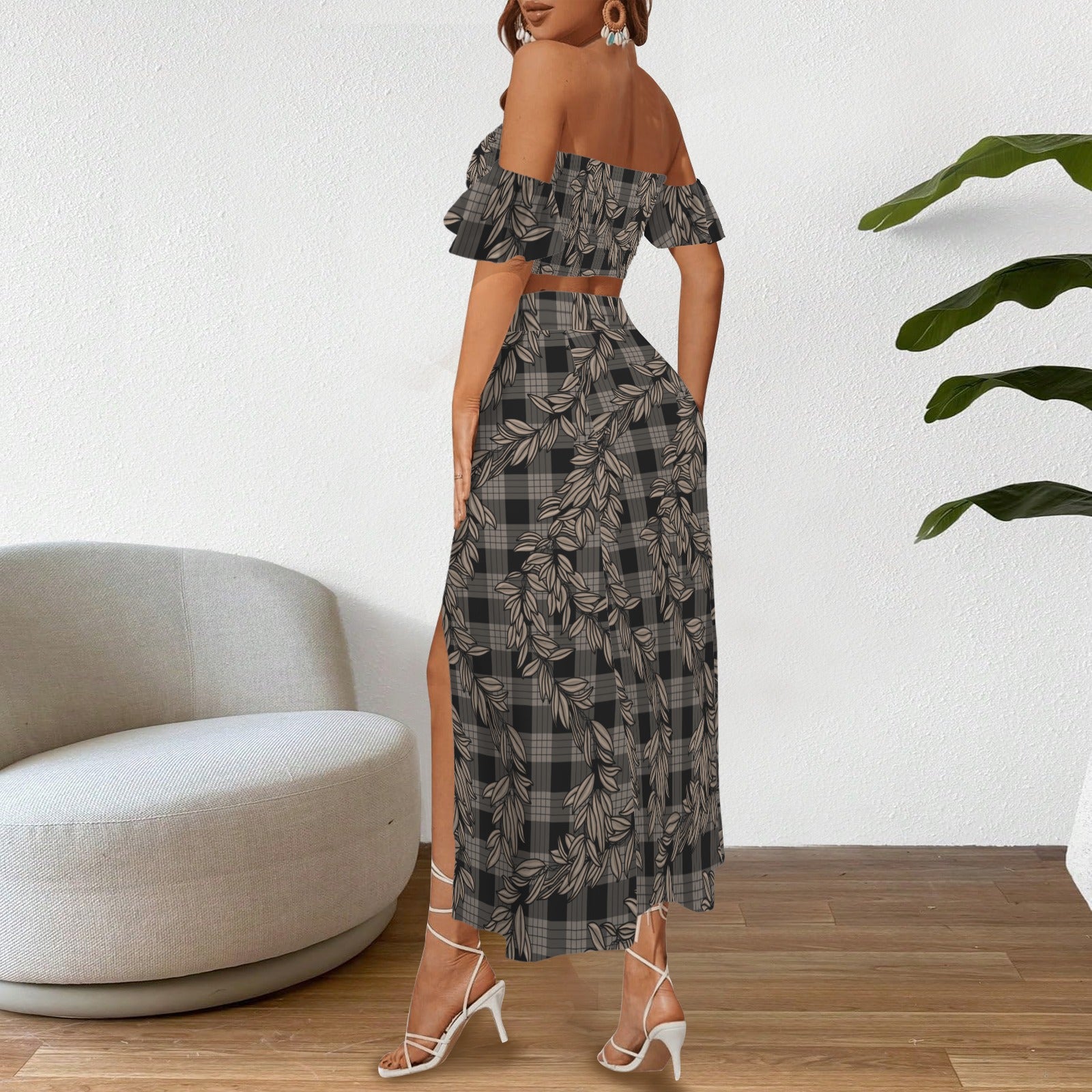 Malino Set in Maile and Palaka (Off Shoulder Smocked Tube Top & High Waist Split Thigh Maxi Skirt) Black and Taupe