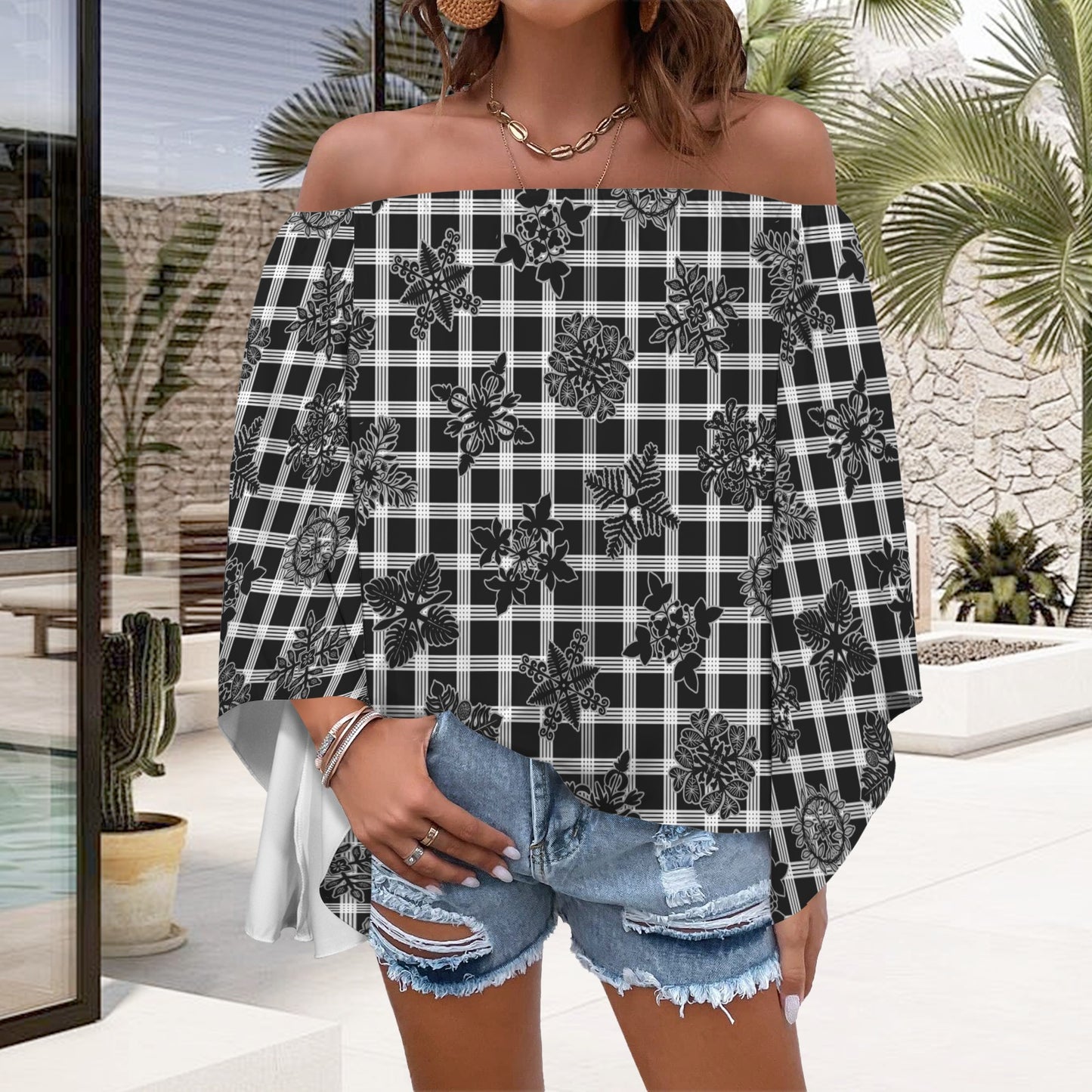 Kolonahe Palaka and Kapa Kuiki Hawaiian Print Off Shoulder Trumpet Sleeve Blouse - Black and White