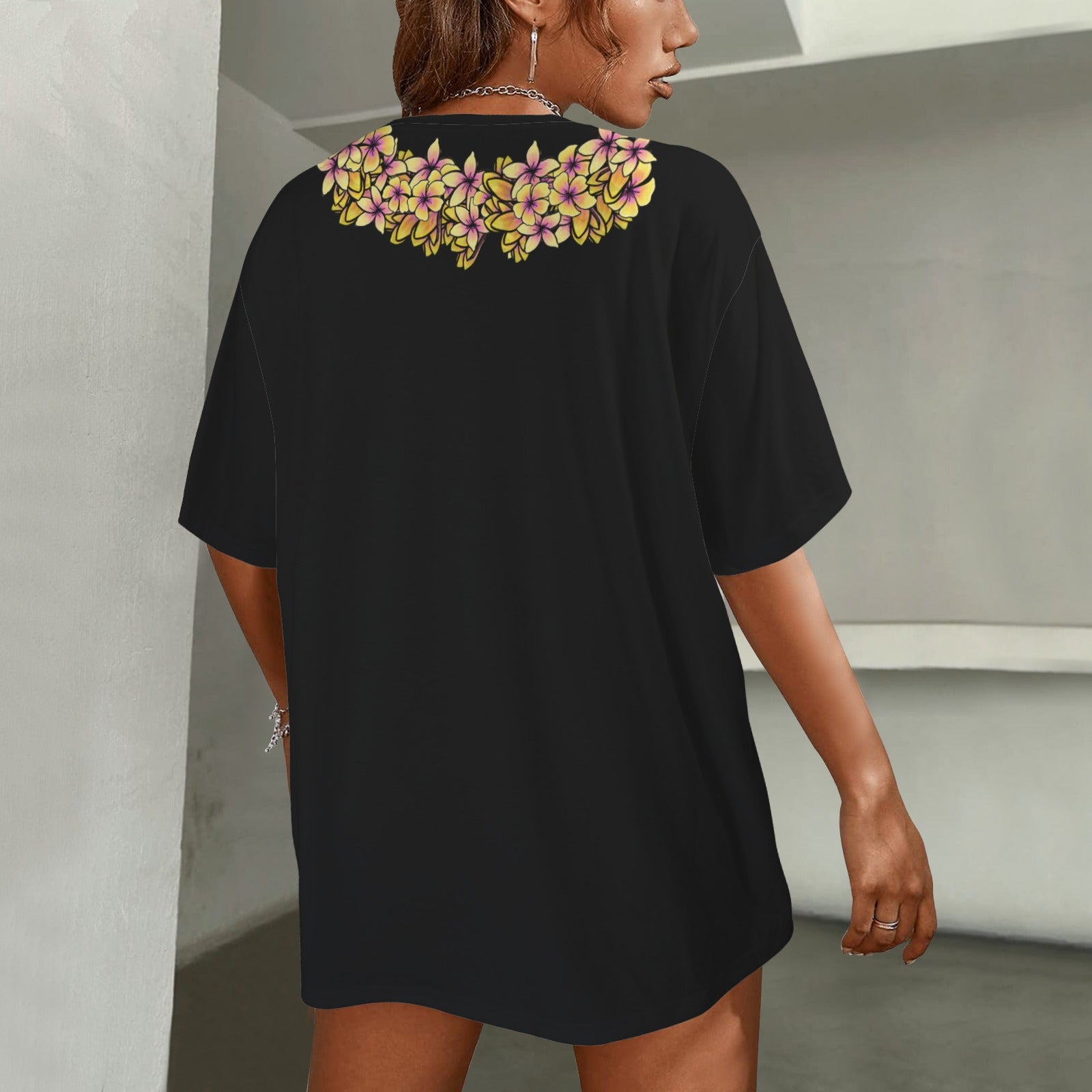Oversized Hawaiian Lei Graphic T-Shirt  | Plumeria Poepoe Lei - Yellow and Pink Plumeria