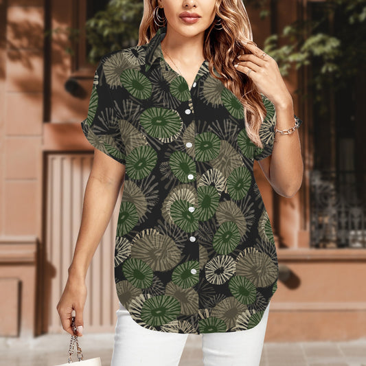 'Opihi Hawaiian Print Harmony Blouse, Women's Short Sleeve Button Down shirt - Camouflage