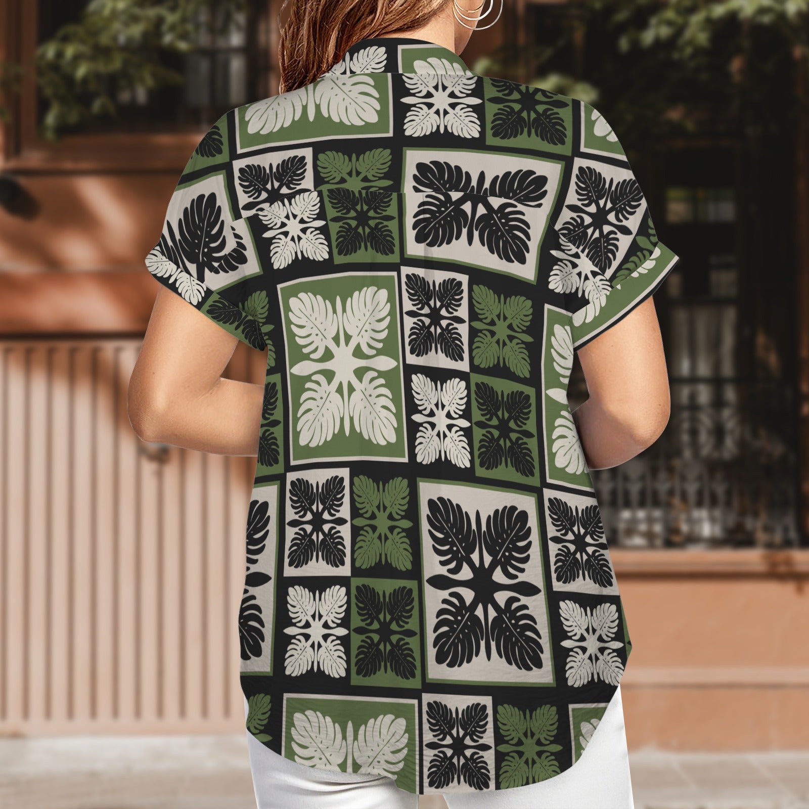 Monstera Hawaiian Print Harmony Blouse, Women's Short Sleeve Button Down Shirt - Green