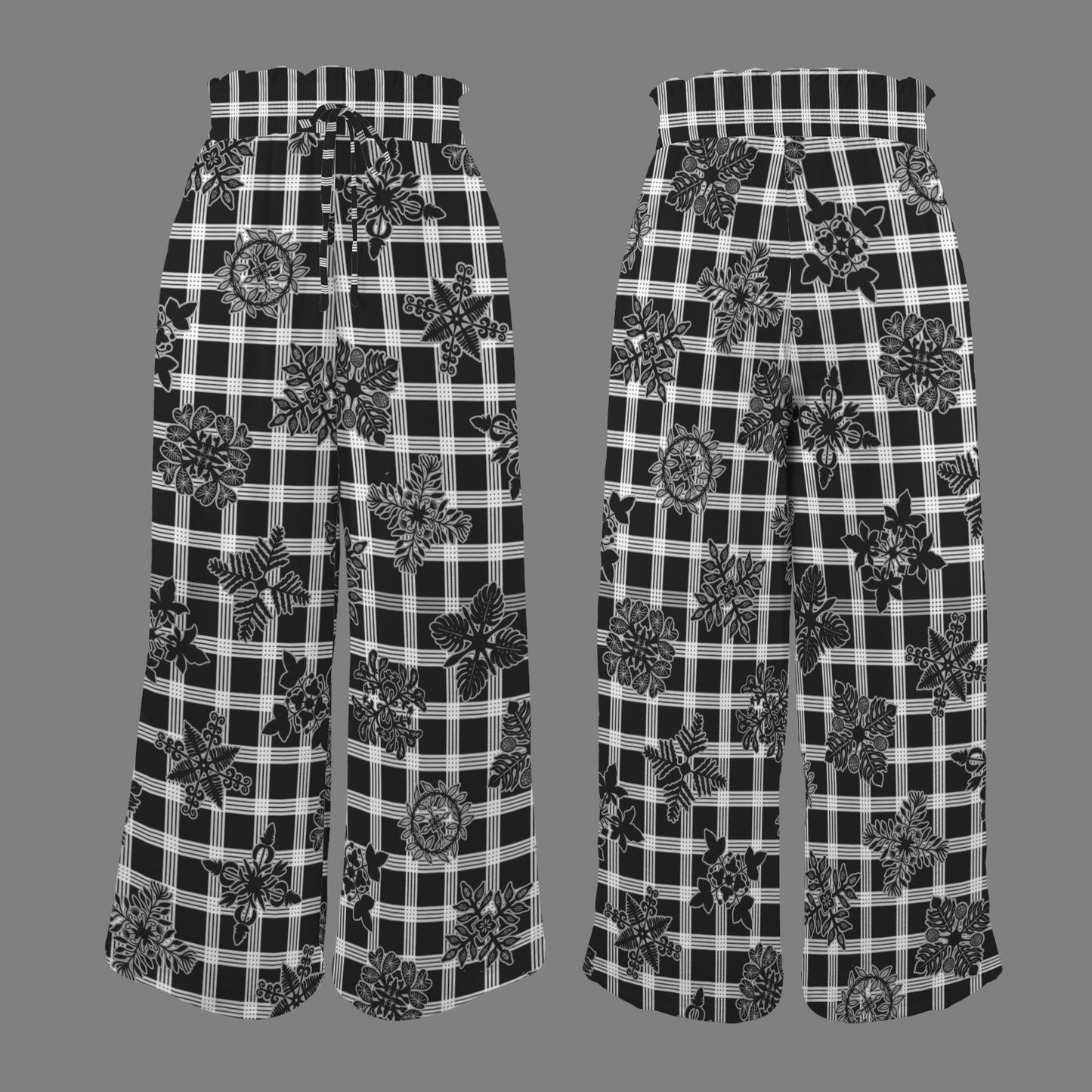 Makamae Elastic Waist Wide Leg Pants - Palaka and Kapa Kuiki Hawaiian Print - Black and White