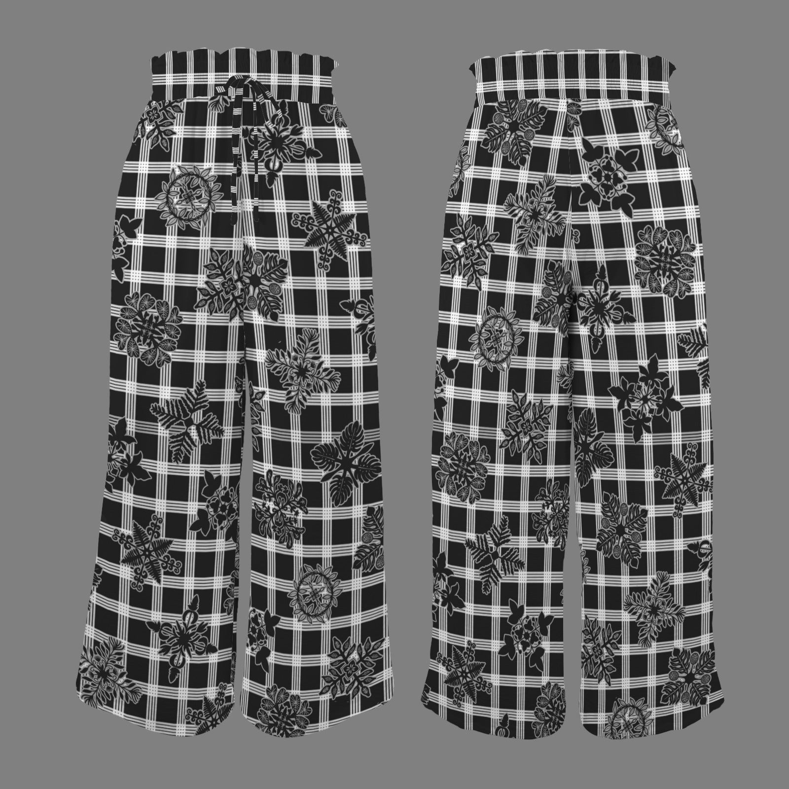 Makamae Elastic Waist Wide Leg Pants - Palaka and Kapa Kuiki Hawaiian Print - Black and White