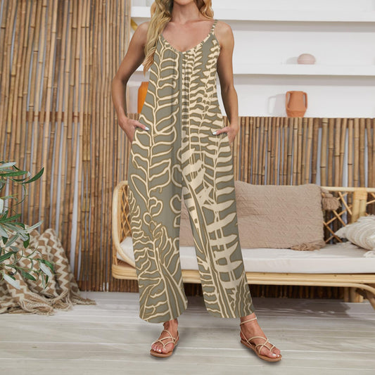 Hawaiian Fern Leaf Pleated Cami Wide Leg Jumpsuit