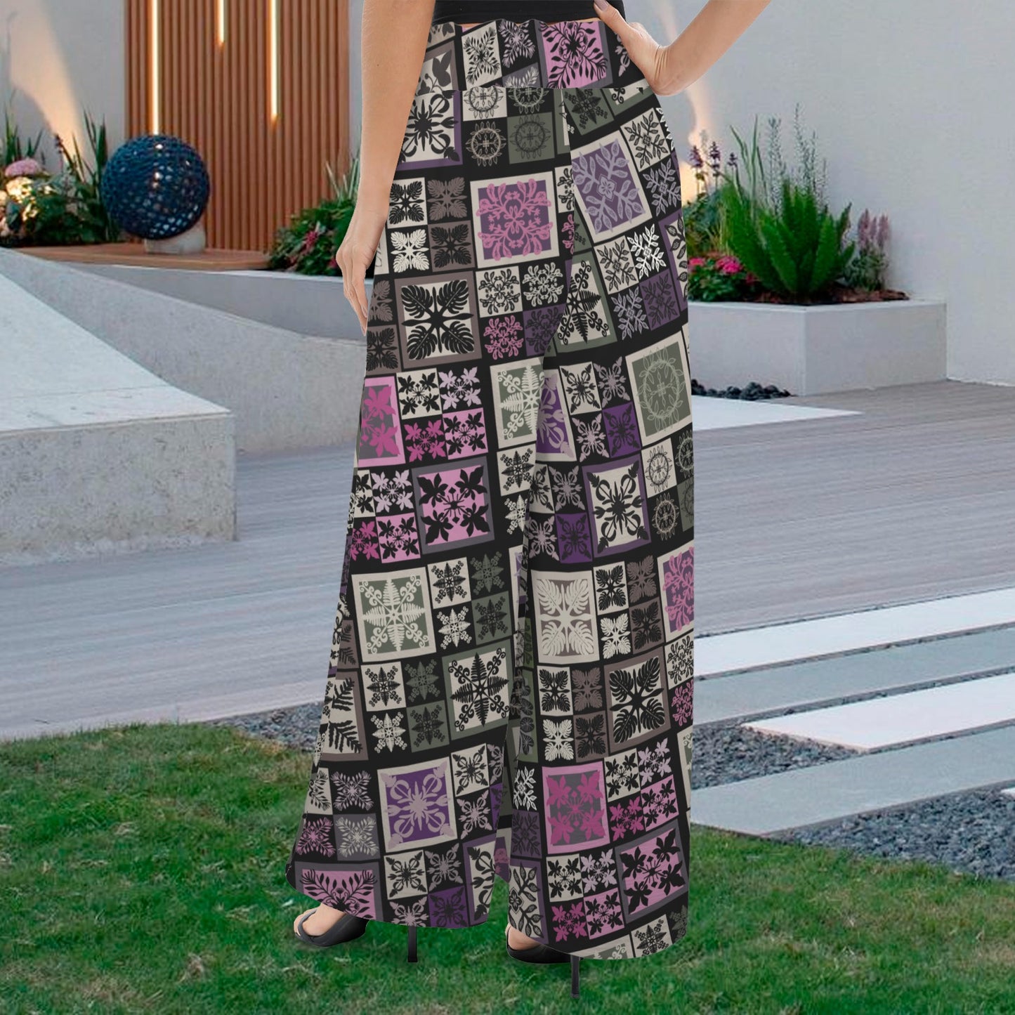 Kapa Kuiki Hawaiian Quilt Print - Makamae Elastic Waist Wide Leg Pants - Purple, Green, Pink