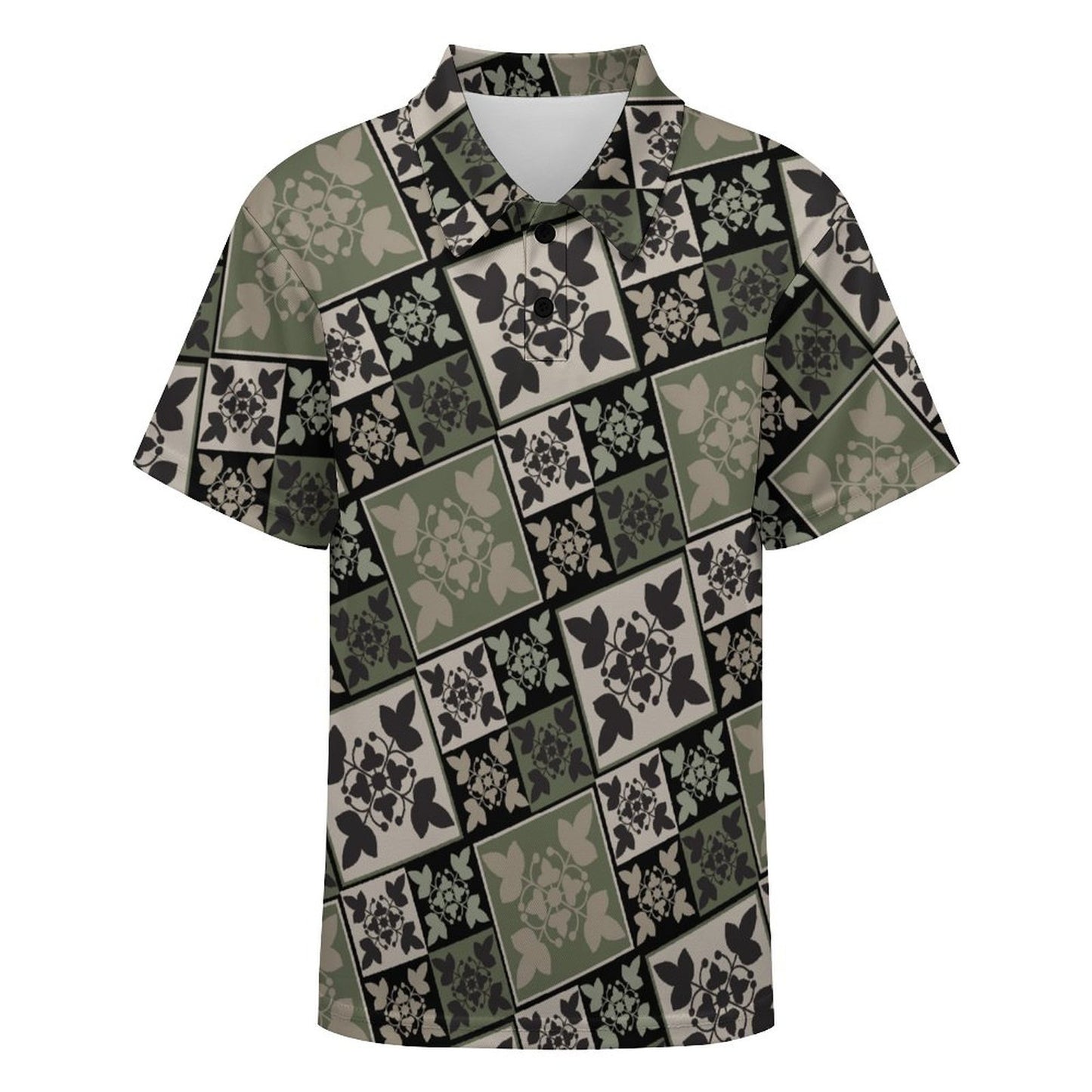 Kukui Nut Kapa Kuiki Hawaiian Print Keiki Polo Shirt - Green, Beige and Black