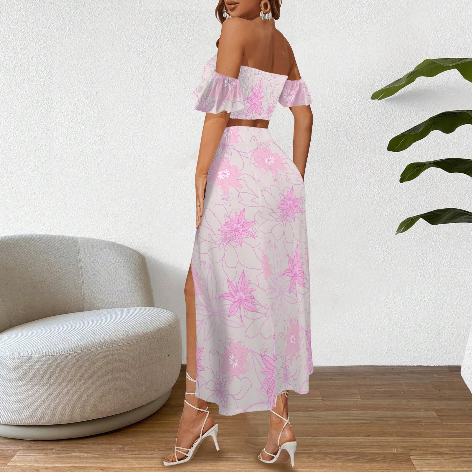 Malino Set in Naupaka (Off Shoulder Smocked Tube Top & High Waist Split Thigh Maxi Skirt) Pink