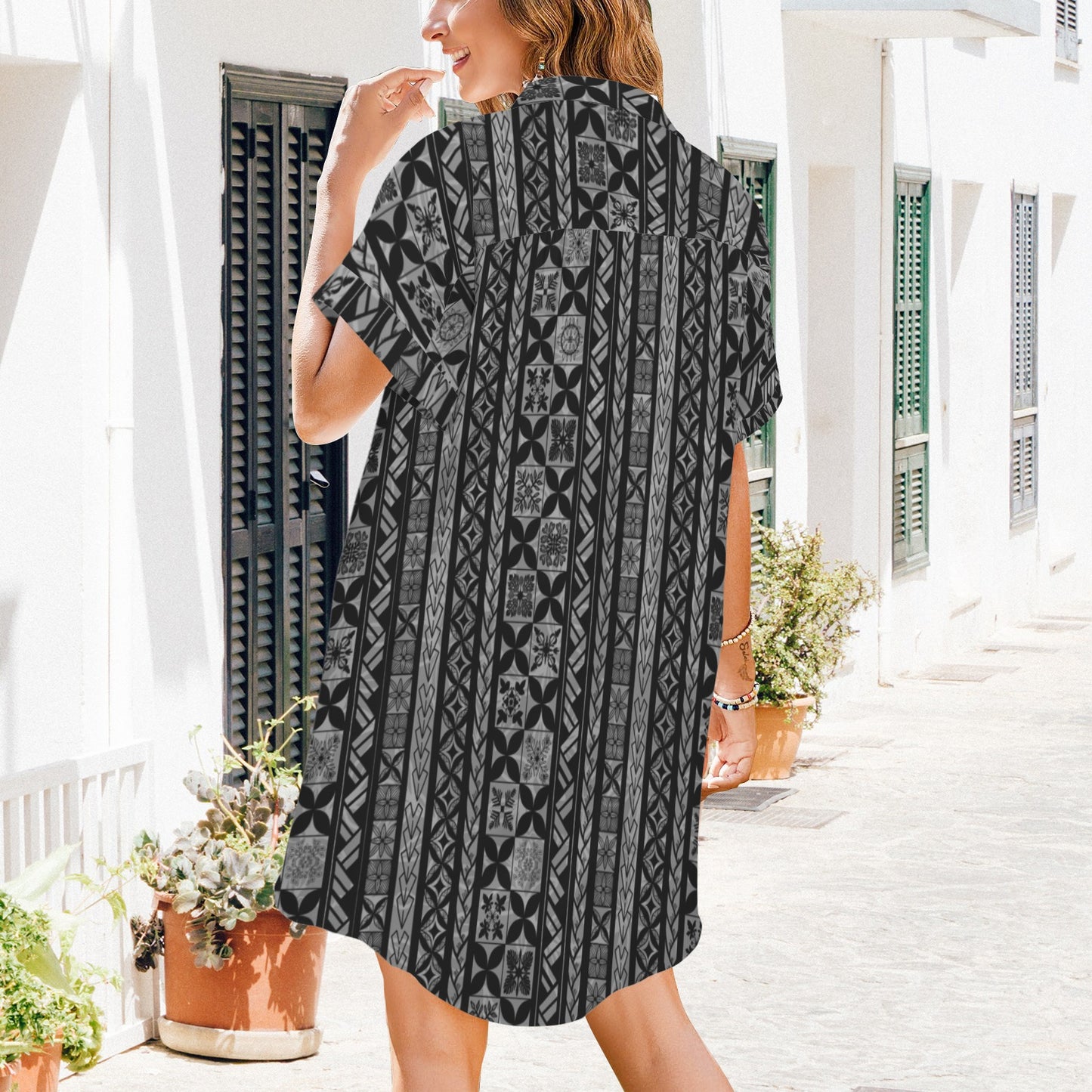 nani 2.0 shirt dress - hawaiian kapa kakau quilt gray and black small print