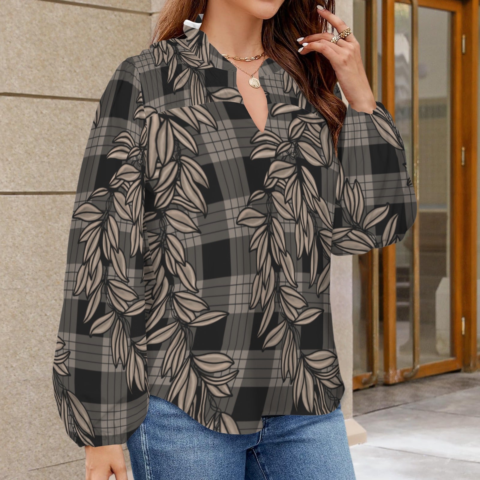 Mālie Blouse in Maile and Palaka - Black and Taupe