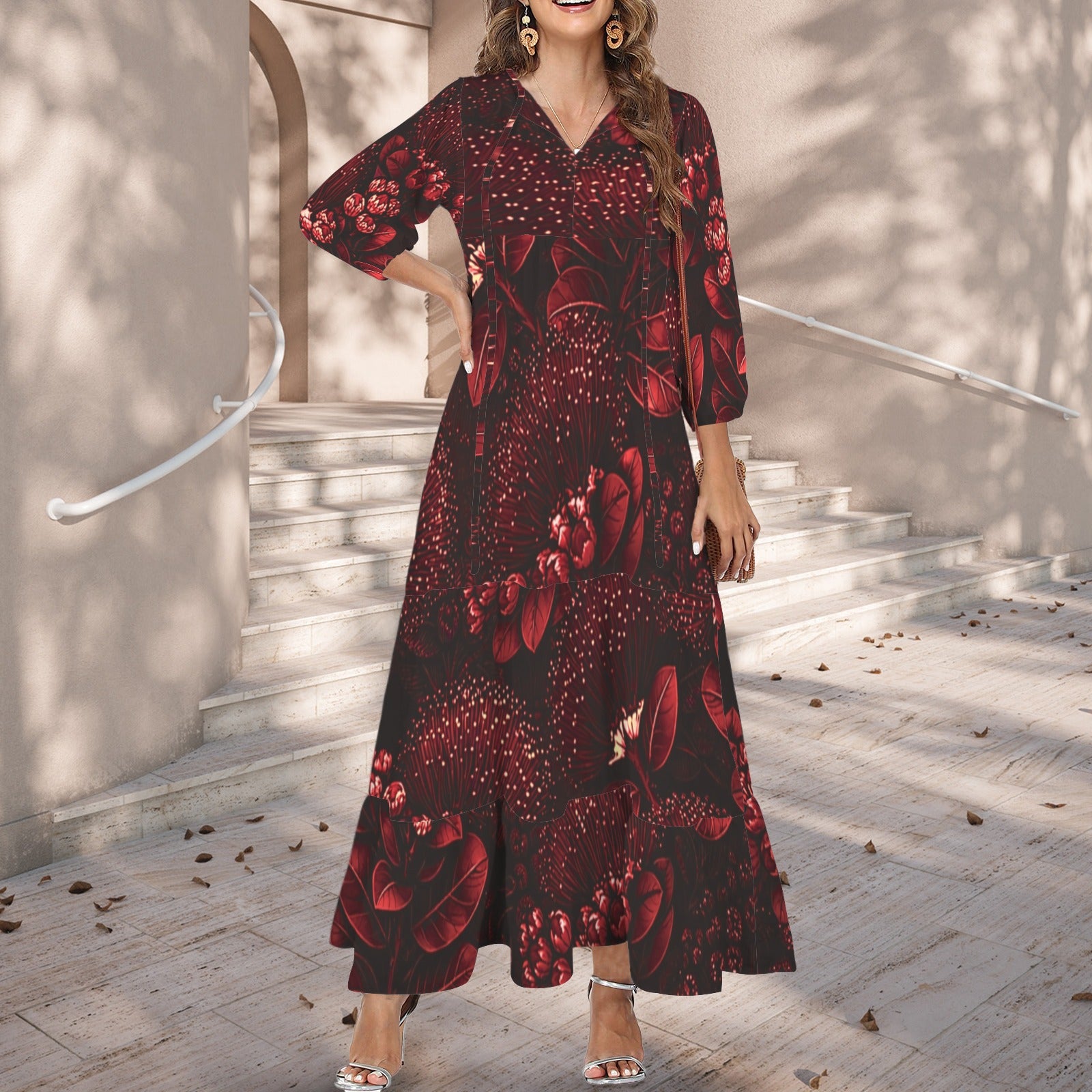 Pauahi Mu'u mu'u maxi dress - 'ōhiʻa lehua in red