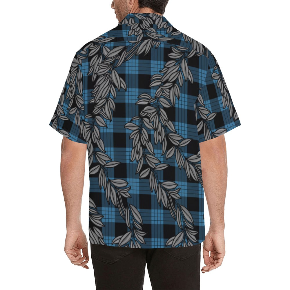 Maile and Palaka Hawaiian Print Men's Aloha Shirt - Blue and Black