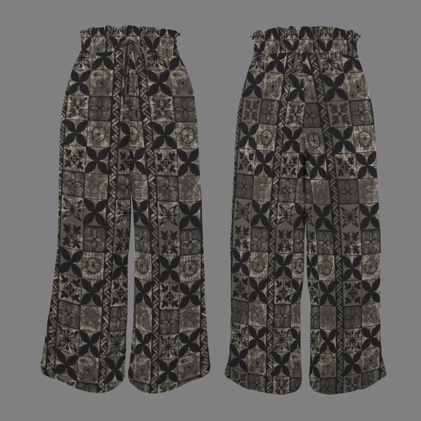 Makamae Elastic Waist Wide Leg Pants - Hawaiian Kapa Quilt in Black and Brown
