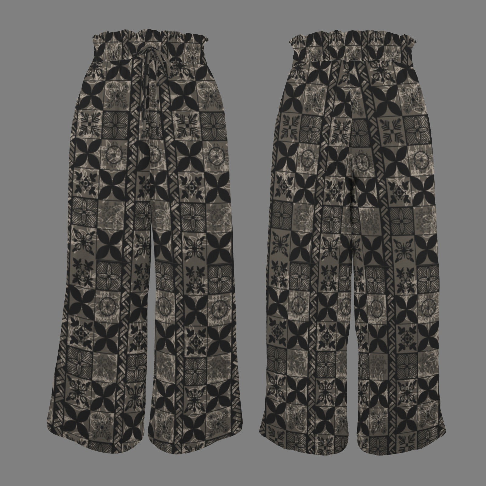 Makamae Elastic Waist Wide Leg Pants - Hawaiian Kapa Quilt in Black and Brown