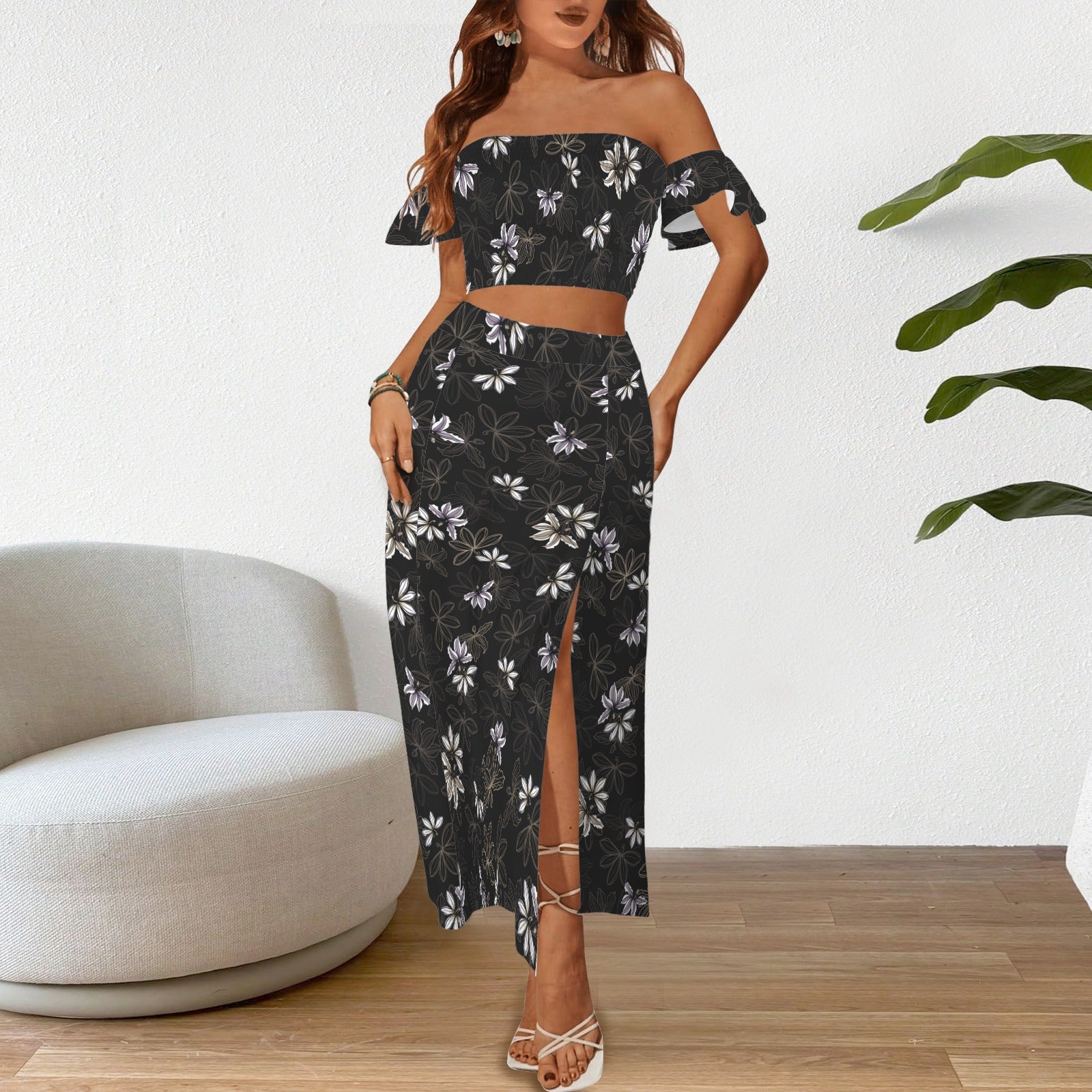 Malino Set in Naupaka (Off Shoulder Smocked Tube Top & High Waist Split Thigh Maxi Skirt) Black