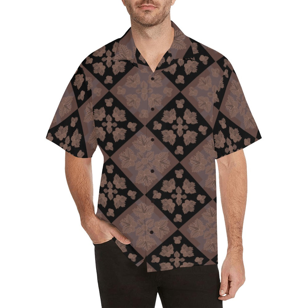 Ulu Quilt Design - Menʻs Aloha Shirt, Chocolate Mocha and Black Hawaiian Shirt