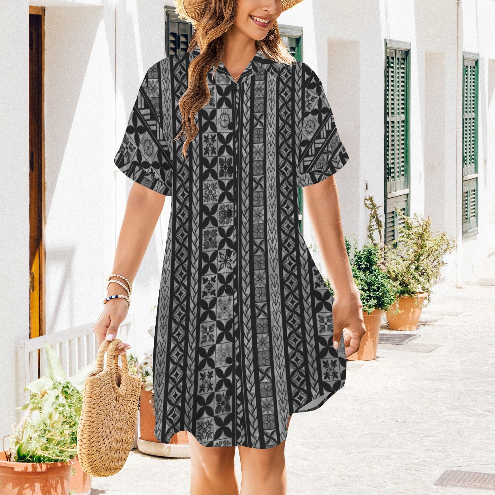 nani 2.0 shirt dress - hawaiian kapa kakau quilt gray and black small print