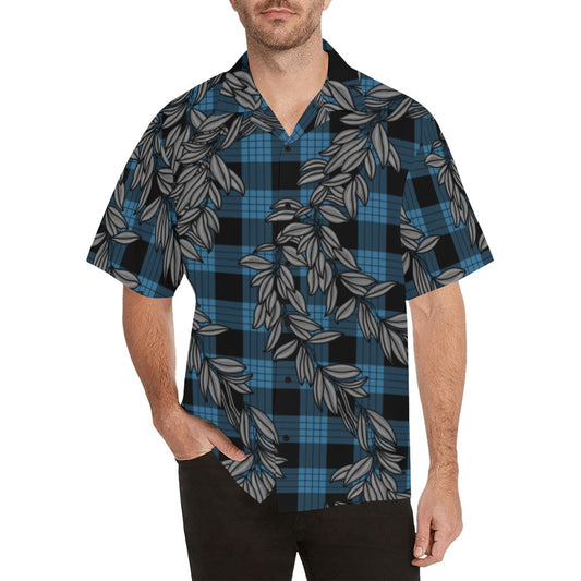Maile and Palaka Hawaiian Print Men's Aloha Shirt - Blue and Black