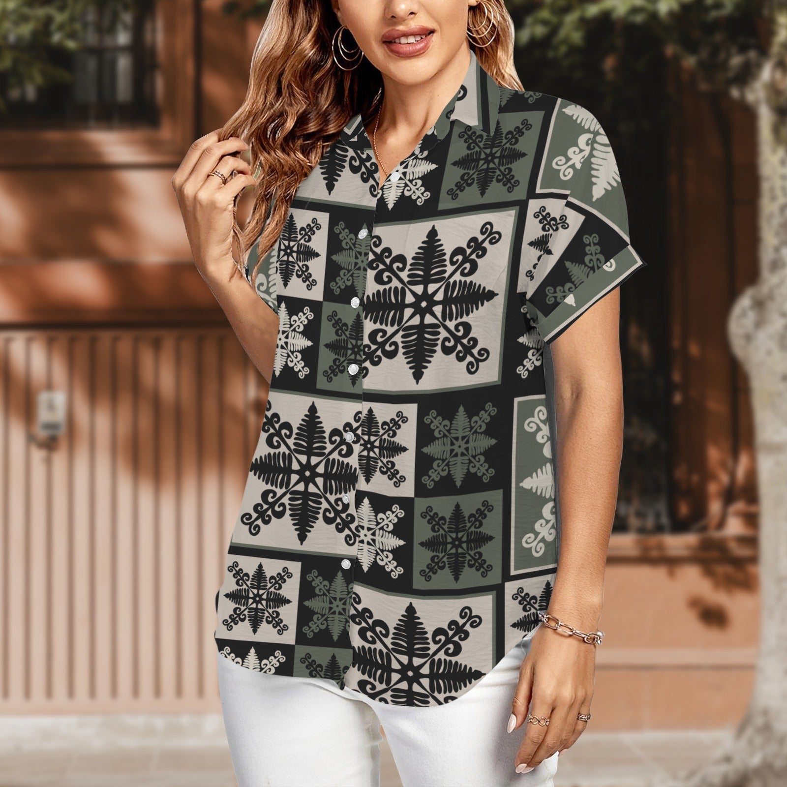 Hapu'u Fern Kapa Kuiki Block Print Harmony Blouse, Women's Short Sleeve Button Down Shirt - Green