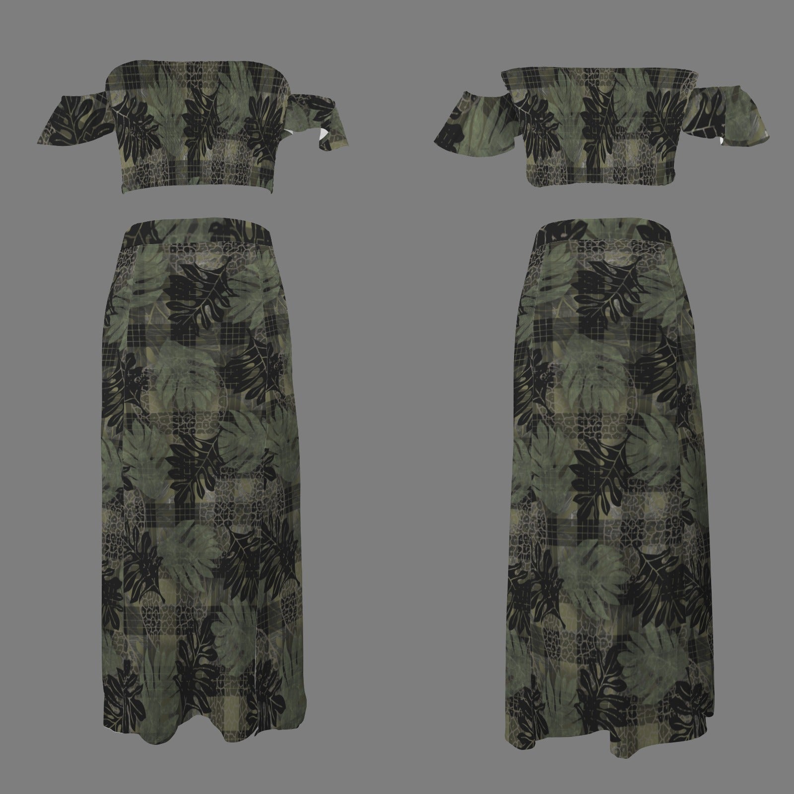 Malino Set in Ulu and Palaka (Off Shoulder Smocked Tube Top & High Waist Split Thigh Maxi Skirt) Green and Black