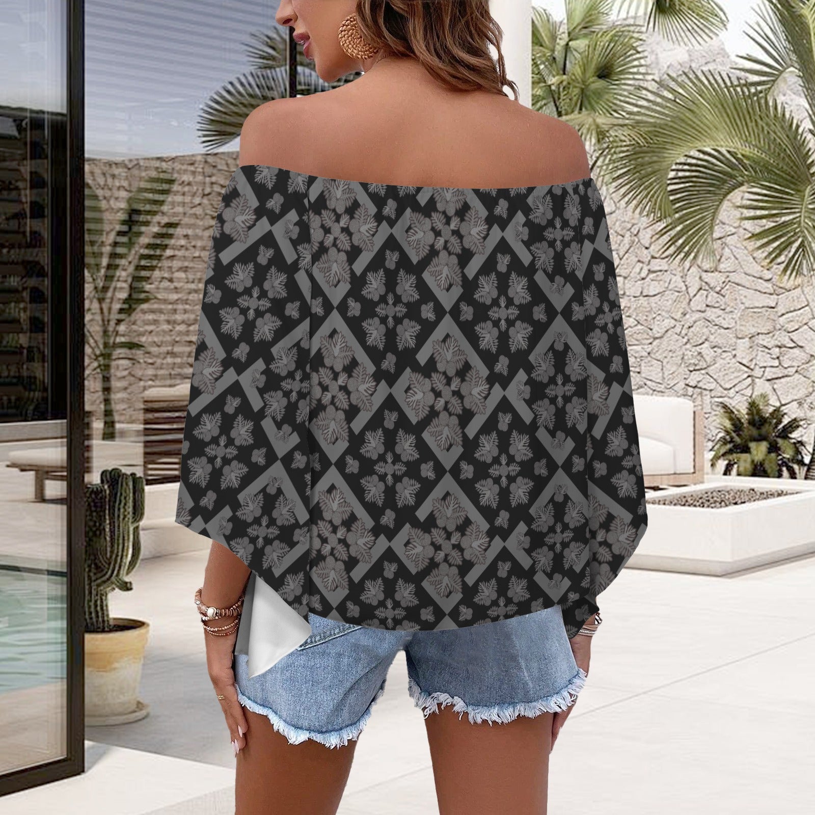 Kolonahe Ulu Quilt in Black and Gray Off Shoulder Trumpet Sleeve Blouse