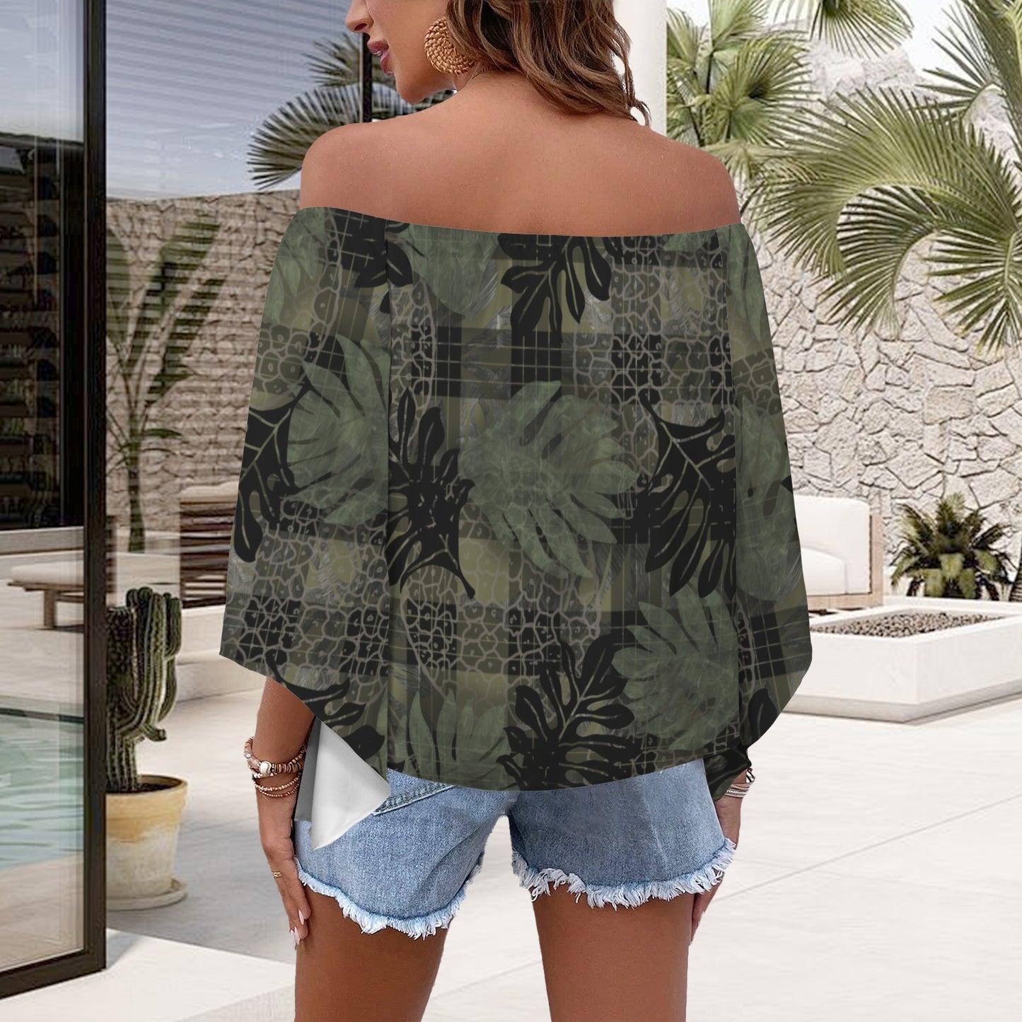 Ulu and Palaka Print Kolonahe Off Shoulder Trumpet Sleeve blouse - green and black