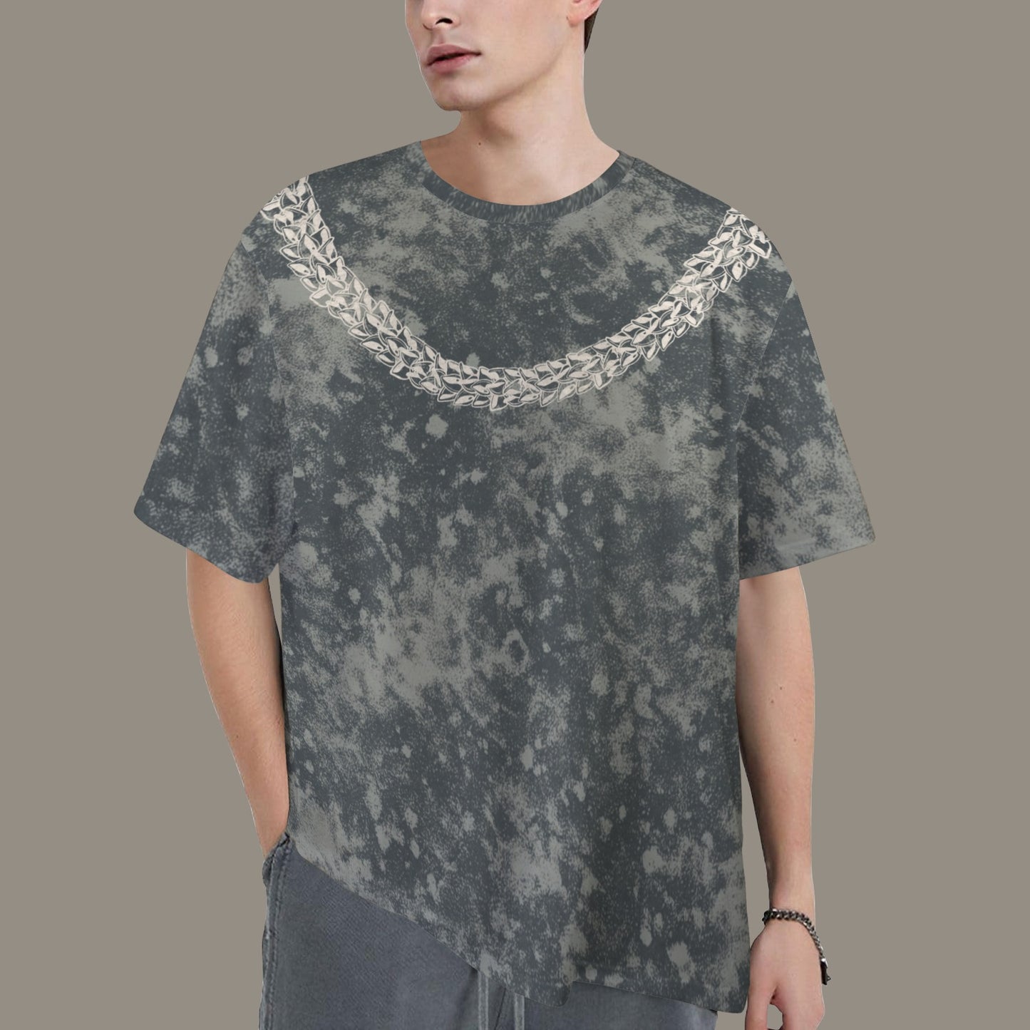 Oversized Vintage Wash Graphic T-shirt | Hawaiian Lei Tee, Smokey Slate Blue Gray - Ni'ihau Shell Lei