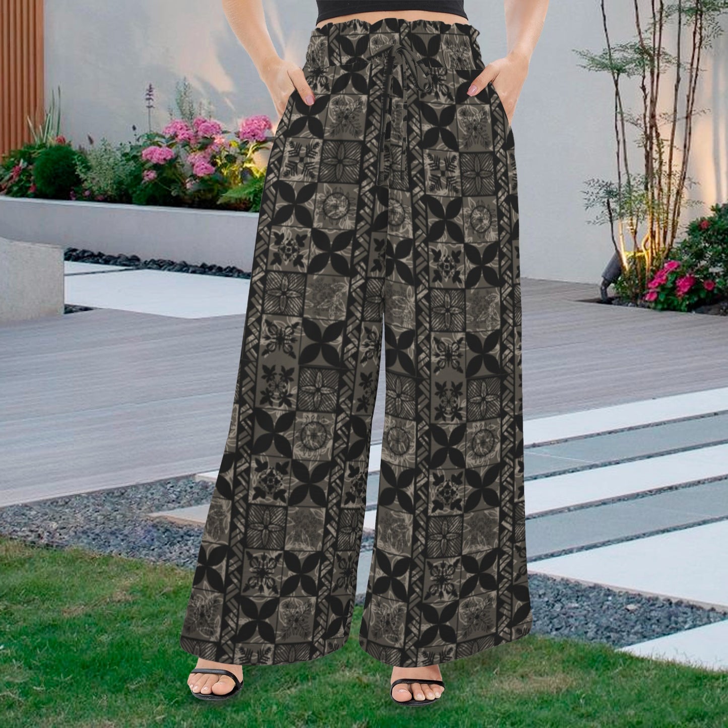 Makamae Elastic Waist Wide Leg Pants - Hawaiian Kapa Quilt in Black and Brown