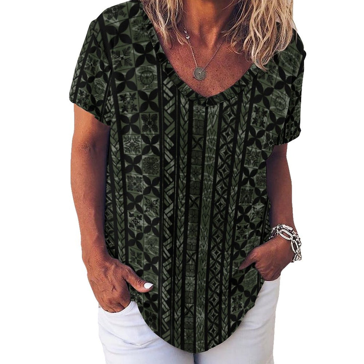 Kapa Kakau Hawaiian Print, Keahi V-Neck Short-Sleeve Shirt - Green and Black