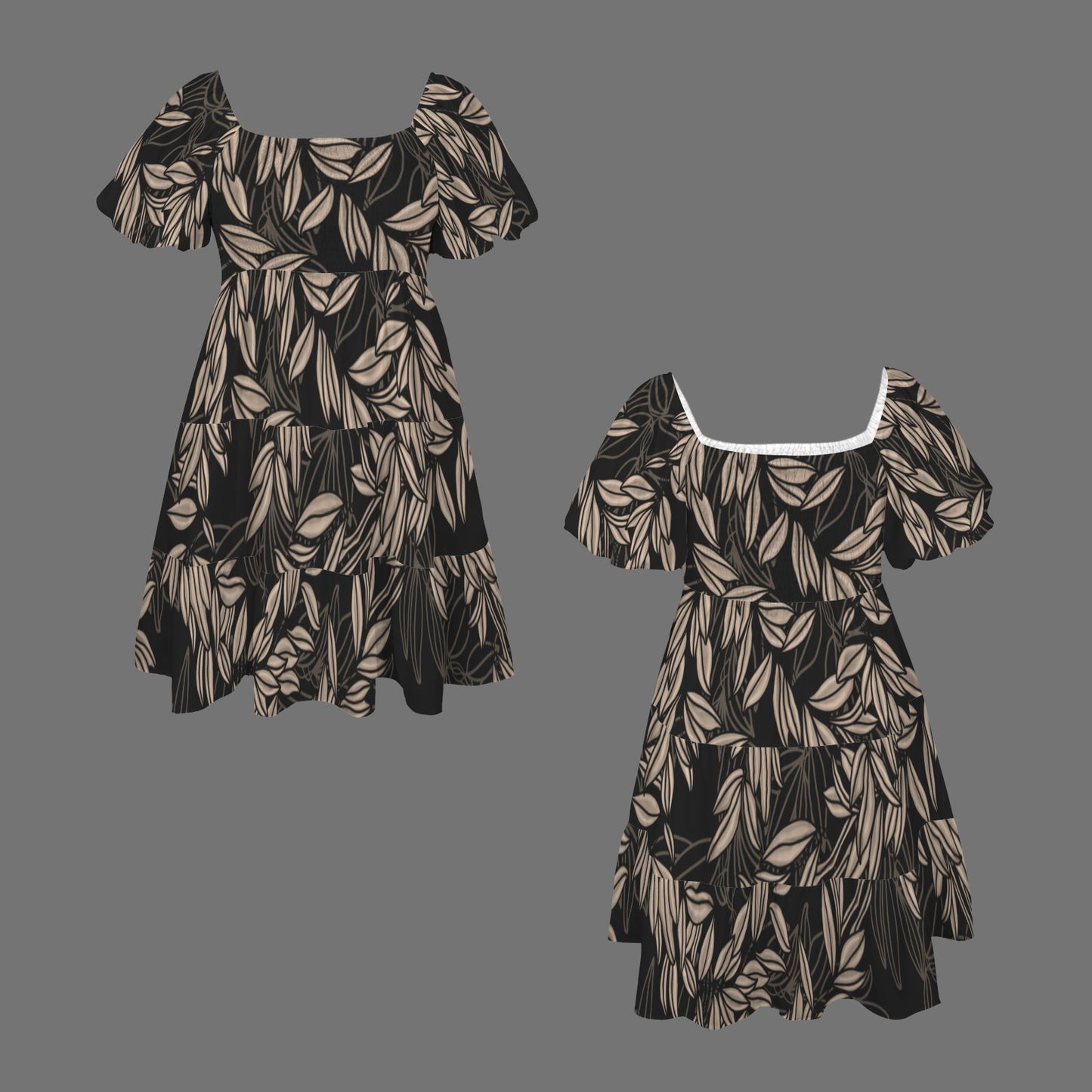 Nalei Maile Lei Puff Sleeve Tiered Dress - Black and Brown