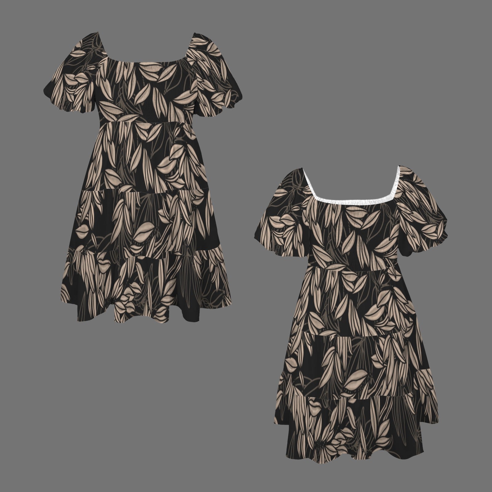 Nalei Maile Lei Puff Sleeve Tiered Dress - Black and Brown